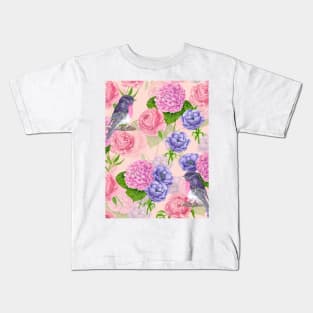 Robin and flowers, watercolor pattern Kids T-Shirt